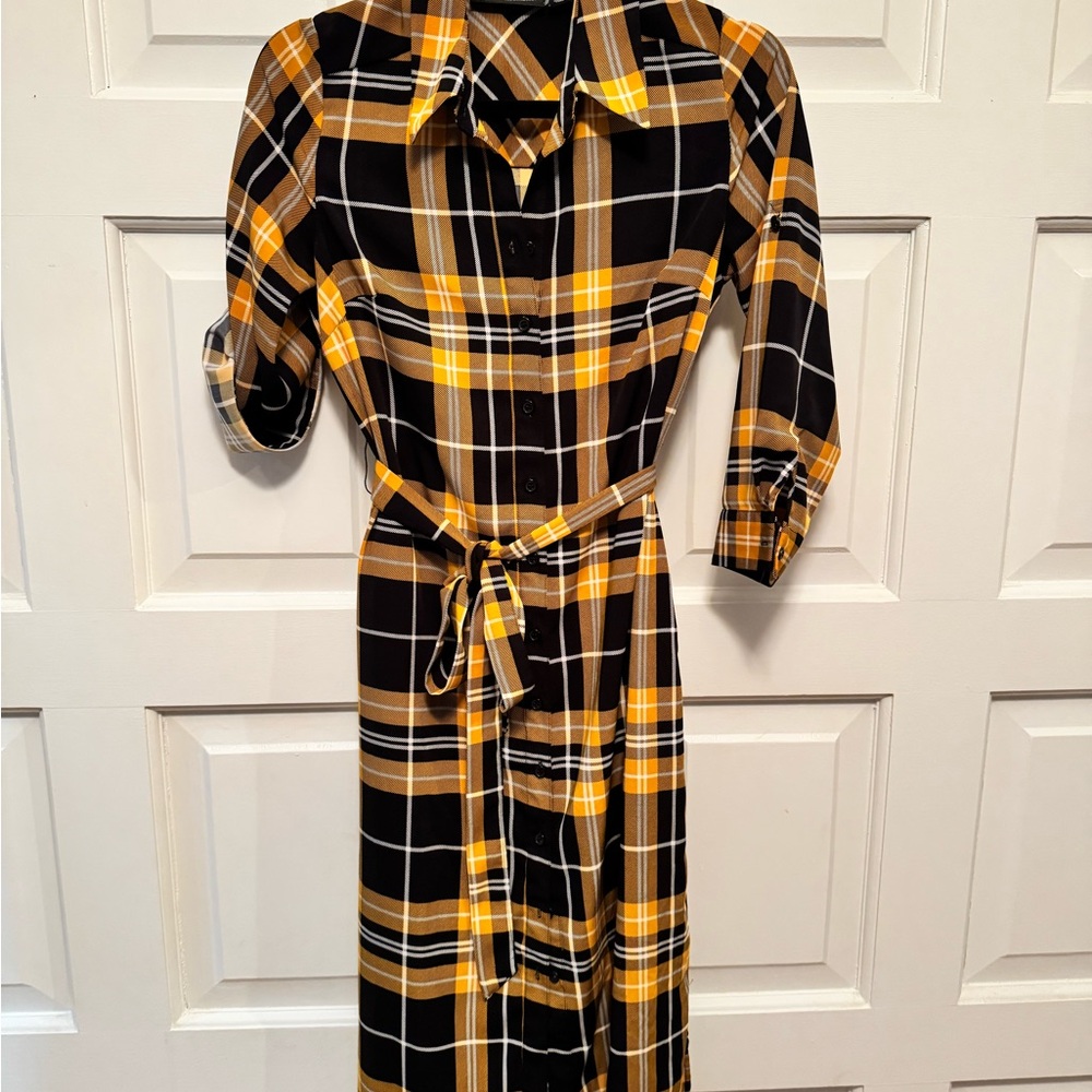 Plaid Button-Up Belted Dress
